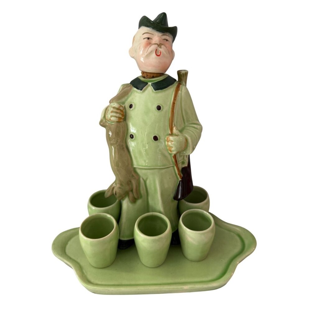 German Hunter & Hare Decanter With 5 Shot Glasses & Tray 1930s Vintage J & I Blo